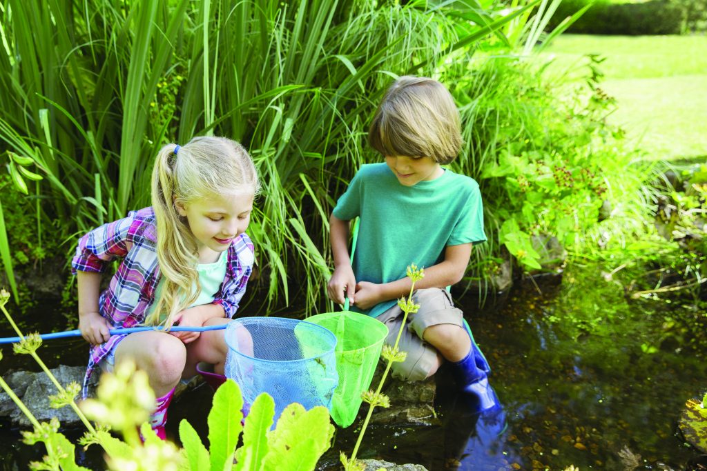 Children fishing together in pond